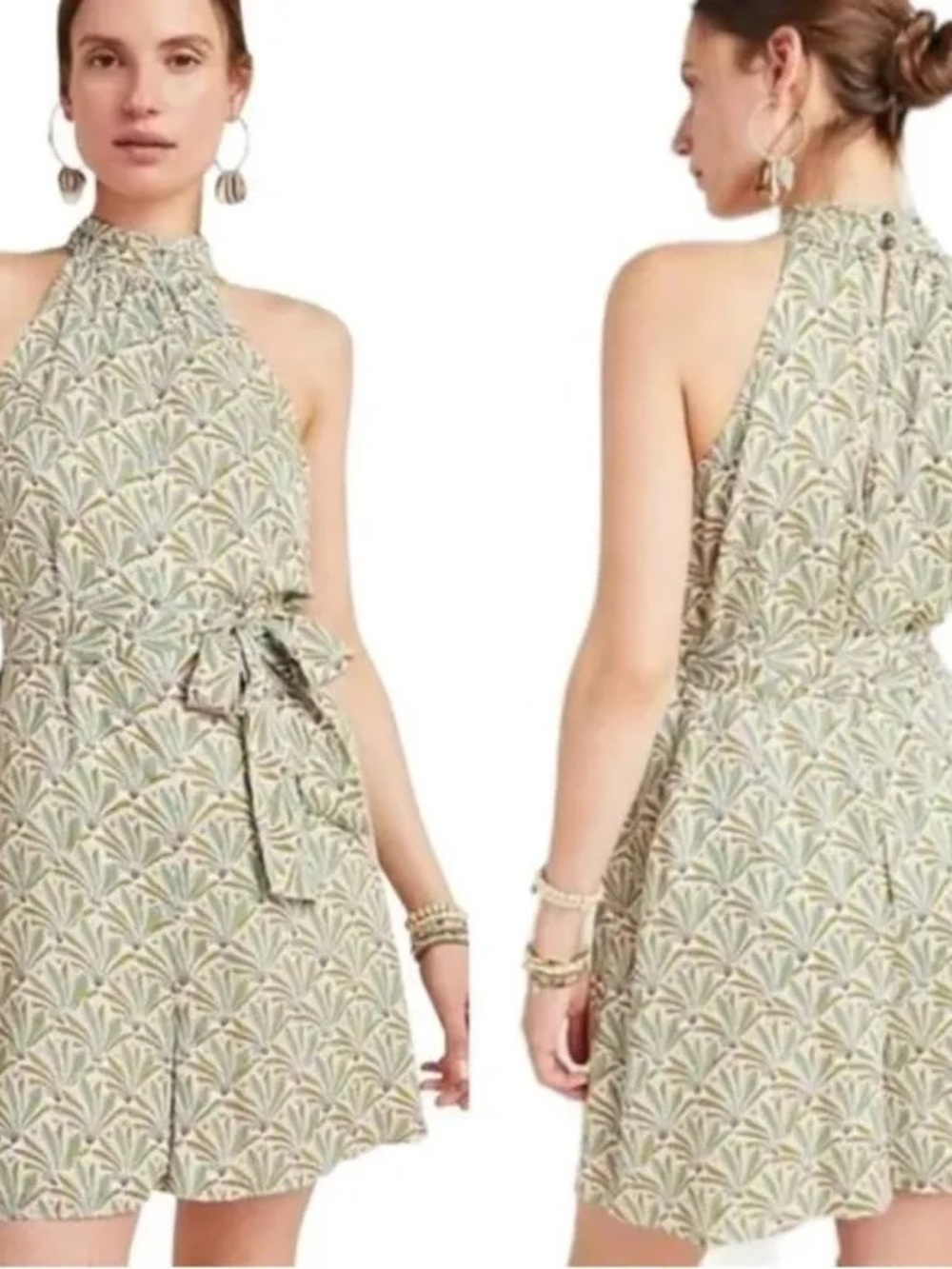 Anthropologie "Maddie" High
Neck Halter Romper - Green
Tropical Leaf Print